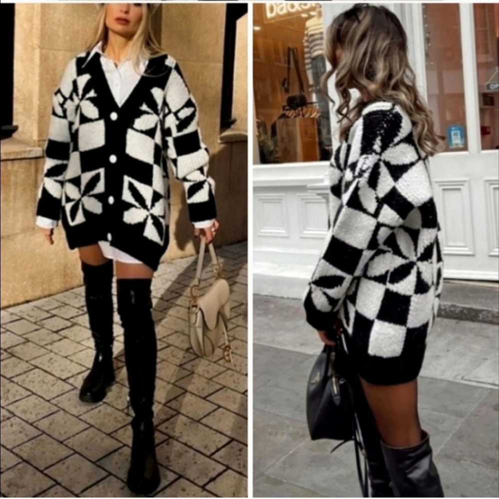 NWT* Zara Black White Checkered   Long Oversized Cardigan